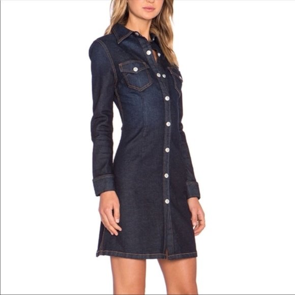 ALEXA CHUNG for AG DENIM Pixie Denim Shirt Dress Stretch Dark Denim Snap XS - Picture 6 of 16